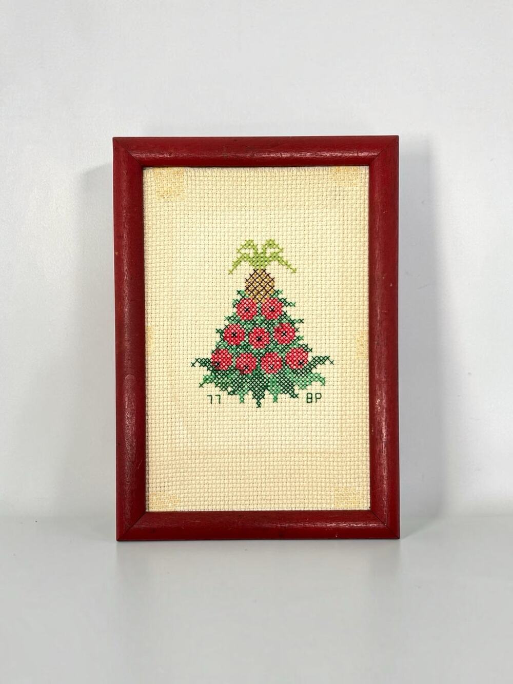 Vintage 1970s Christmas Cross Stitch Pineapple Tree Framed Handmade Decor